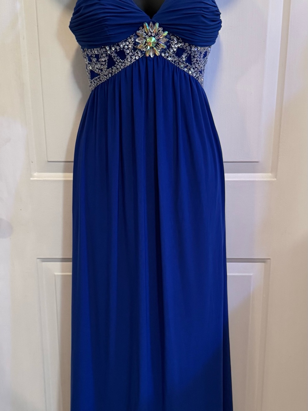 Jasz Couture Blue Formal Dress with “Crystal” Accents on Bodice and Back
